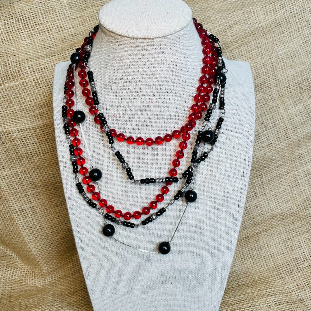 Bundle Lot of 3 Vintage Black Red Beaded Necklaces Great